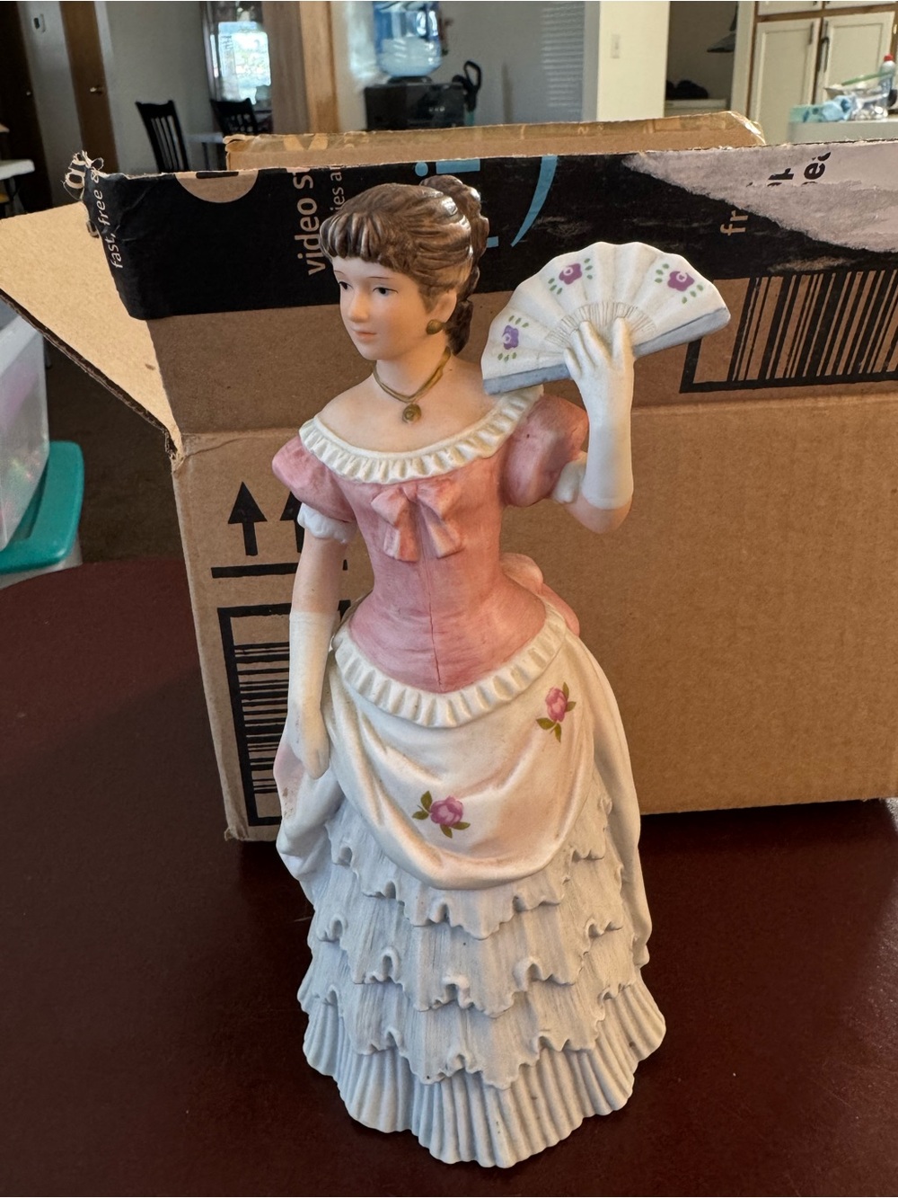 Homco Porcelain Lady Figurine in Pink and White with Gold Necklace